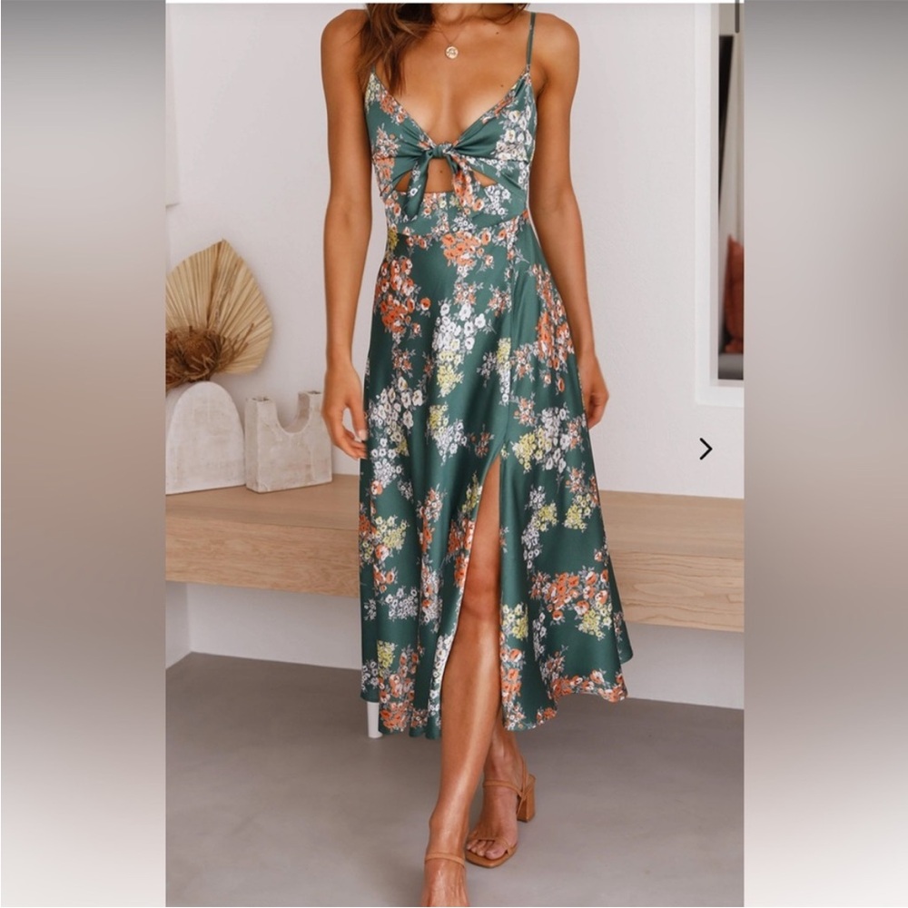 Green Floral Tie-Front Midi Dress with Slit